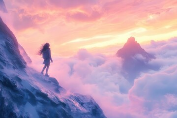Fototapeta premium anime-style mountaineer girl with flowing hair against surreal cloudscape, soft pastel colors and ethereal lighting