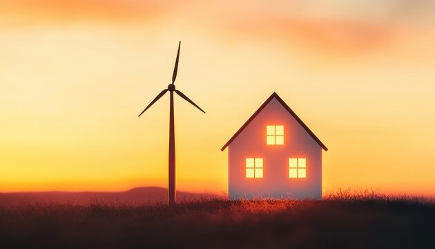 Sustainable eco-Friendly innovation model house with light. A silhouette of a house beside a wind turbine against a vibrant sunset sky, symbolizing renewable energy and sustainable living. - Powered by Adobe
