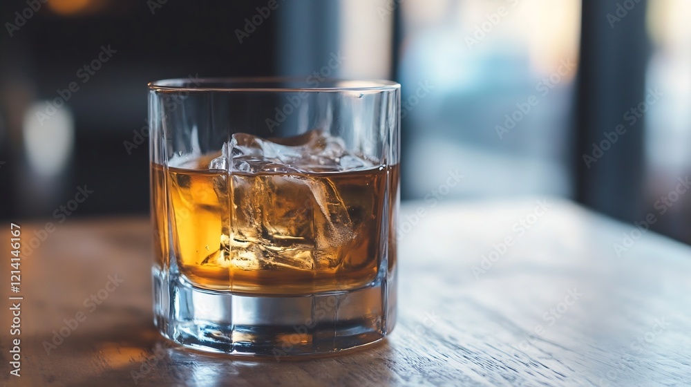 Poster refreshing whiskey on the rocks in a glass on wooden bar surface with warm ambient light : generativ