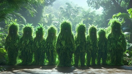 Enigmatic Green Figures Standing in Lush Tropical Jungle Scene