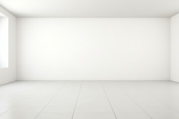 Modern minimal white room with tiled floor illuminated by natural light from a large window, creating a clean and spacious atmosphere