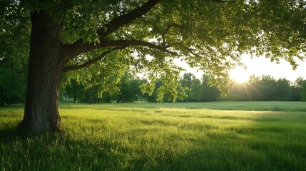 Fototapeta premium Sunlit tree in a tranquil green field under a clear sky during golden hour : Generative AI