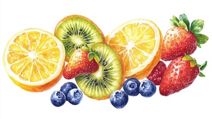 Fresh and Vibrant Assortment of Juicy Seasonal Fruits in Watercolor