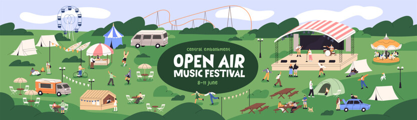 Music festival at nature event banner design. Promotion template of open air concert in amusement park. Summer camp with stage, food trucks, crowd of dancing people outdoors. Flat vector illustration - obrazy, fototapety, plakaty