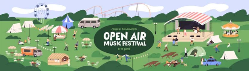  Music festival at nature event banner design. Promotion template of open air concert in amusement park. Summer camp with stage, food trucks, crowd of dancing people outdoors. Flat vector illustration © Paper Trident