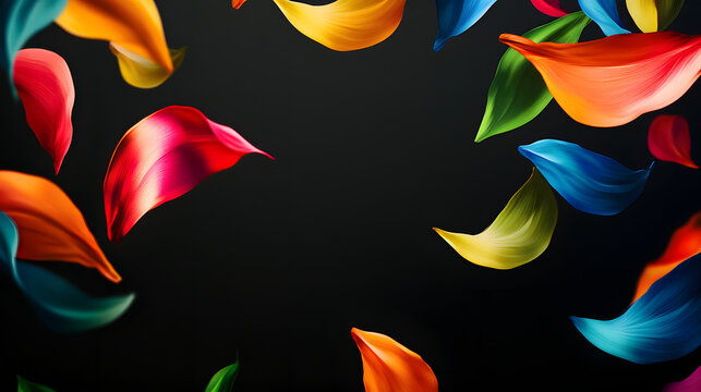 
Colorful parabolas are drawn randomly on a simple black background,background with leaves