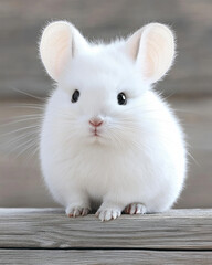 Fototapeta premium A charming selfie of a chinchilla with soft, silvery fur, posed elegantly on a rustic wooden surface with subtle shadows,