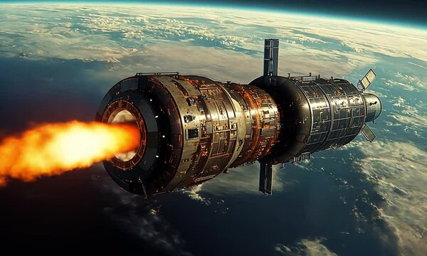 Futuristic spacecraft with fiery propulsion system orbiting Earth.
