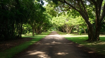 Obraz premium Serene Tree Lined Pathway in Lush Green Park with Sun Dappled Leaves : Generative AI