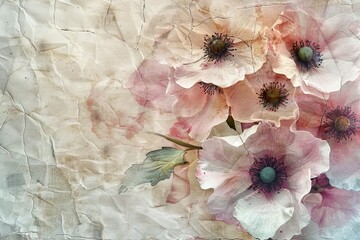 Soft pink watercolor poppies on crumpled paper texture