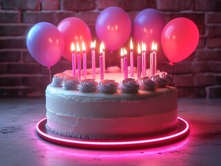Festive birthday cake with candles and balloons.