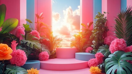 Colorful outdoor decor with tropical plants and bright hues