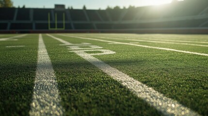 Obraz premium Low angle view of an American football field's yard lines at sunset.
