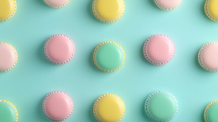 Colorful Macarons on a Turquoise Background Arrangement for Food Photography and Culinary Presentation