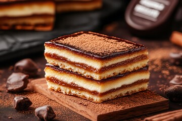 Brown sugar creates a beautiful golden color in desserts. Delicious layered dessert with chocolate and cream on wooden board.