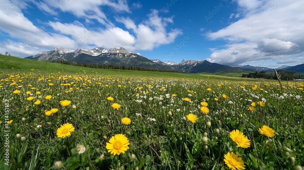 Poster scenic view of blooming dandelions in meadow with snowcapped mountain background : generative ai