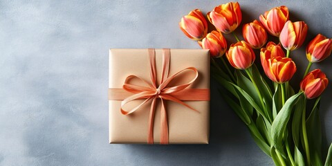 Gift box with orange ribbon and a bouquet of orange tulips on a textured gray surface