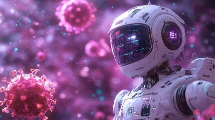 Fototapeta premium A white robot is fighting against the virus in space, with a purple background 