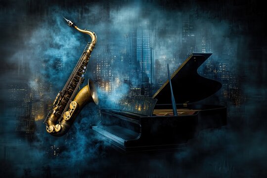 mystical jazz ambiance: a golden saxophone and elegant piano entwined in a smoky haze with the glow of city skyscrapers illuminating the soulful rhythm of the night