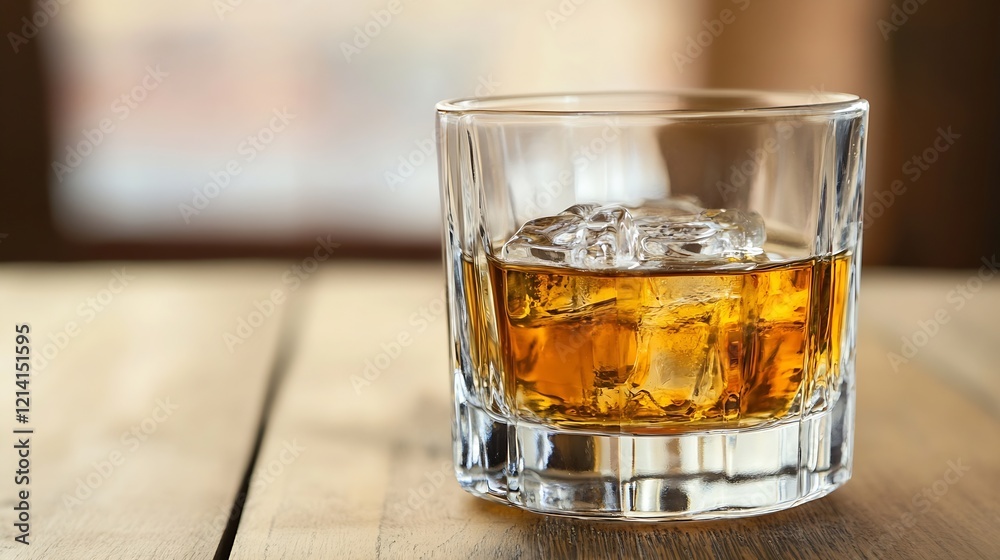 Poster close up of whiskey glass with ice cubes on rustic wooden table background : generative ai