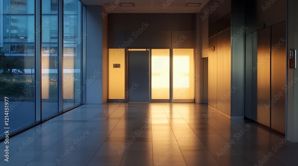 Poster Sunlit Modern Lobby with FloortoCeiling Windows and Reflective Surfaces : Generative AI