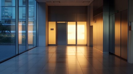 Sunlit Modern Lobby with FloortoCeiling Windows and Reflective Surfaces : Generative AI