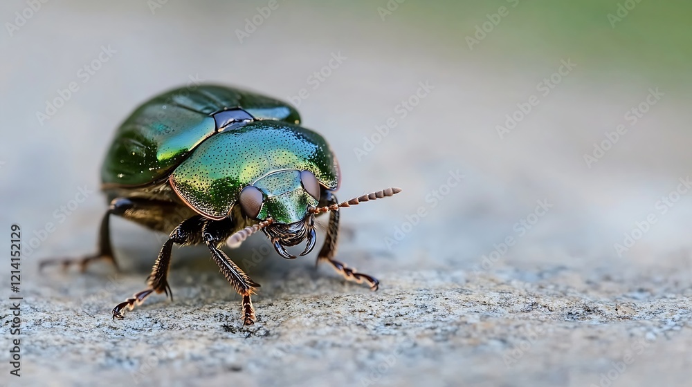 Poster closeup of a shiny green beetle on stone offering a glimpse into nature's intricate details and inse