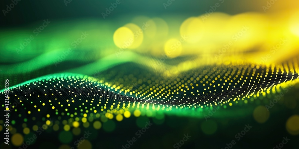 Wall mural 3d illustration of abstract wave particles with depth of field and bokeh lights.
