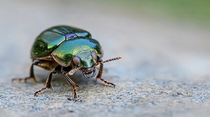 Closeup of a Shiny Green Beetle on Stone Offering a Glimpse into Nature's Intricate Details and Insect Diversity : Generative AI