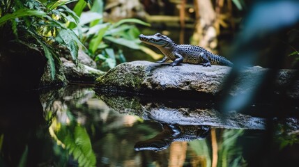 Young alligator basking on rock near water, reflected in calm water.