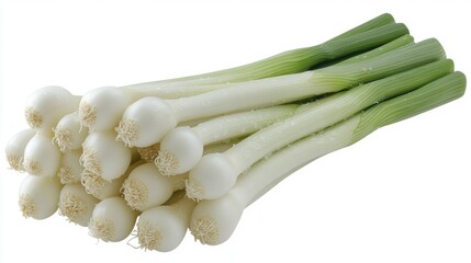 Fresh Green Onion Bunch with Crisp White Bulbs on White Background