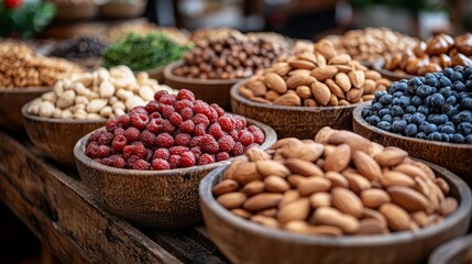 Assorted nuts in rustic wooden bowls