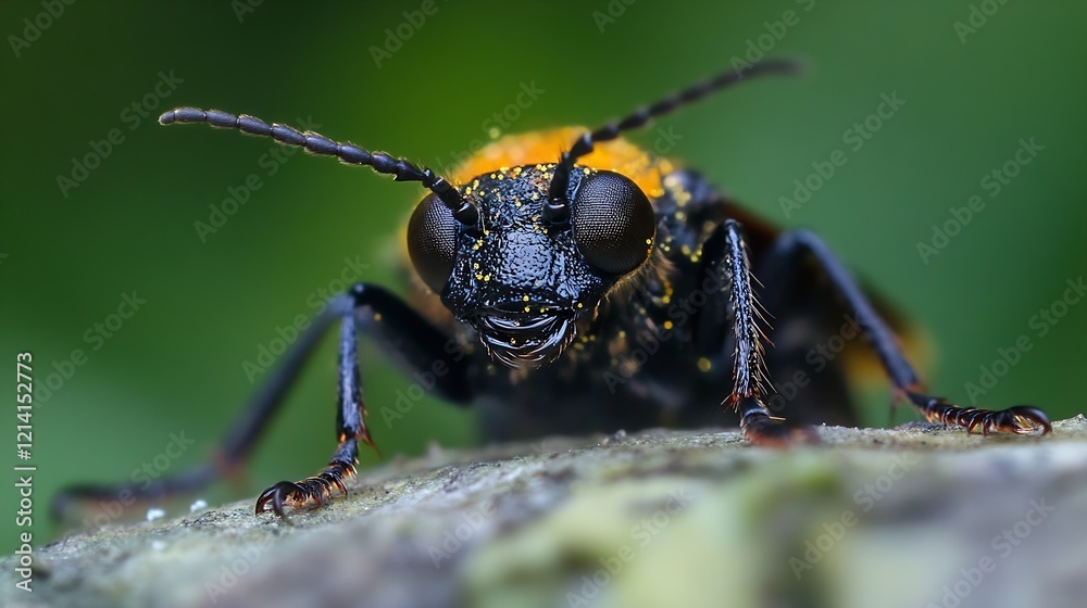 Poster extreme macro photograph capturing intricate details of a black and orange beetle : generative ai