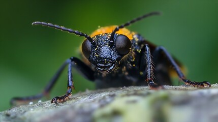 Fototapeta premium Extreme macro photograph capturing intricate details of a black and orange beetle : Generative AI