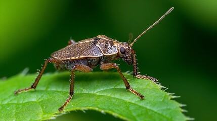 Fototapeta premium Profile View of a Beetle on Leaf Exhibiting Its Detailed Exotic Shell and Antennae : Generative AI