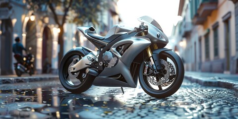 Silver Motorcycle on Cobblestone Street