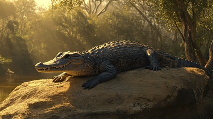 A large crocodile basks in the morning sun on a rock near a tranquil river, surrounded by lush vegetation.