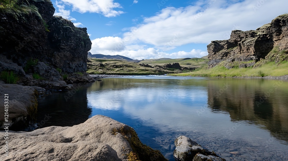 Poster pristine mountain river flowing through rocky cliffs under clear sky : generative ai