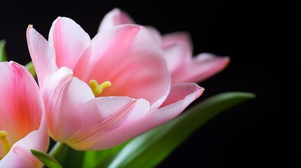 Fototapeta premium Vibrant Pink Tulips Closeup with Soft Green Stems on Dark Background : Generative AI