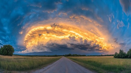 Dramatic storm clouds over a dirt road at dusk create a breathtaking natural scene