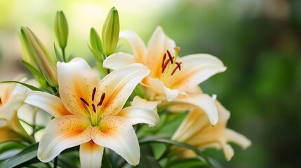 Fototapeta premium Delicate Peach Lilies in Full Bloom Against Soft Bokeh Background of Blurred Greens : Generative AI
