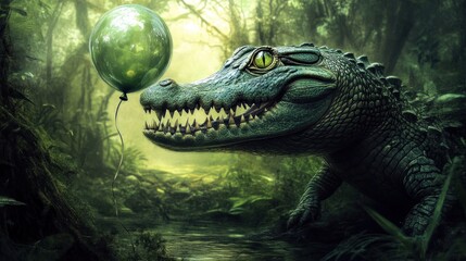 Obraz premium A playful crocodile in a lush jungle gazes at a green balloon.