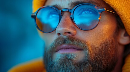 Man with reflective blue sunglasses in a vibrant setting