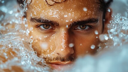 Close-up of a man submerged in water with intense gaze