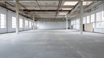 Empty industrial warehouse space with large windows and concrete floors perfect for storage or creative use : Generative AI