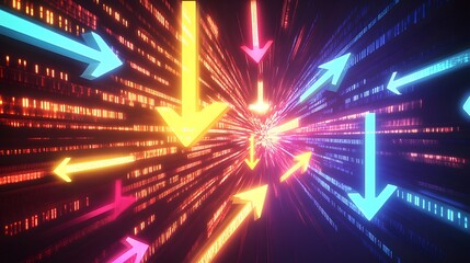 Obraz premium Neon Arrows Converge In A Digital Data Stream