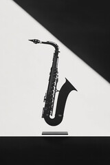 A minimalist black and white image of a saxophone placed elegantly on a sleek, modern stand, with sharp shadows emphasizing its curves and textures,