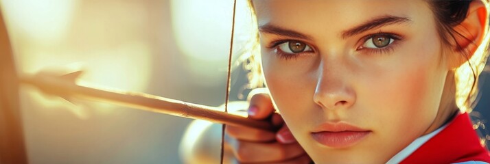 Portrait, Close-Up Of A Confident Female Young Archer Taking Aim With A Bow And Arrow In Daylight