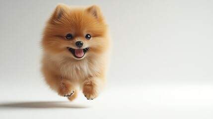 Obraz premium Happy Pomeranian Dog Jumping with Joy in Studio Setting