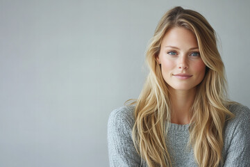 Fototapeta premium Stylish Blonde Woman in Minimalist Casual Outfit, Posing Against Neutral Background with Confidence and Elegance